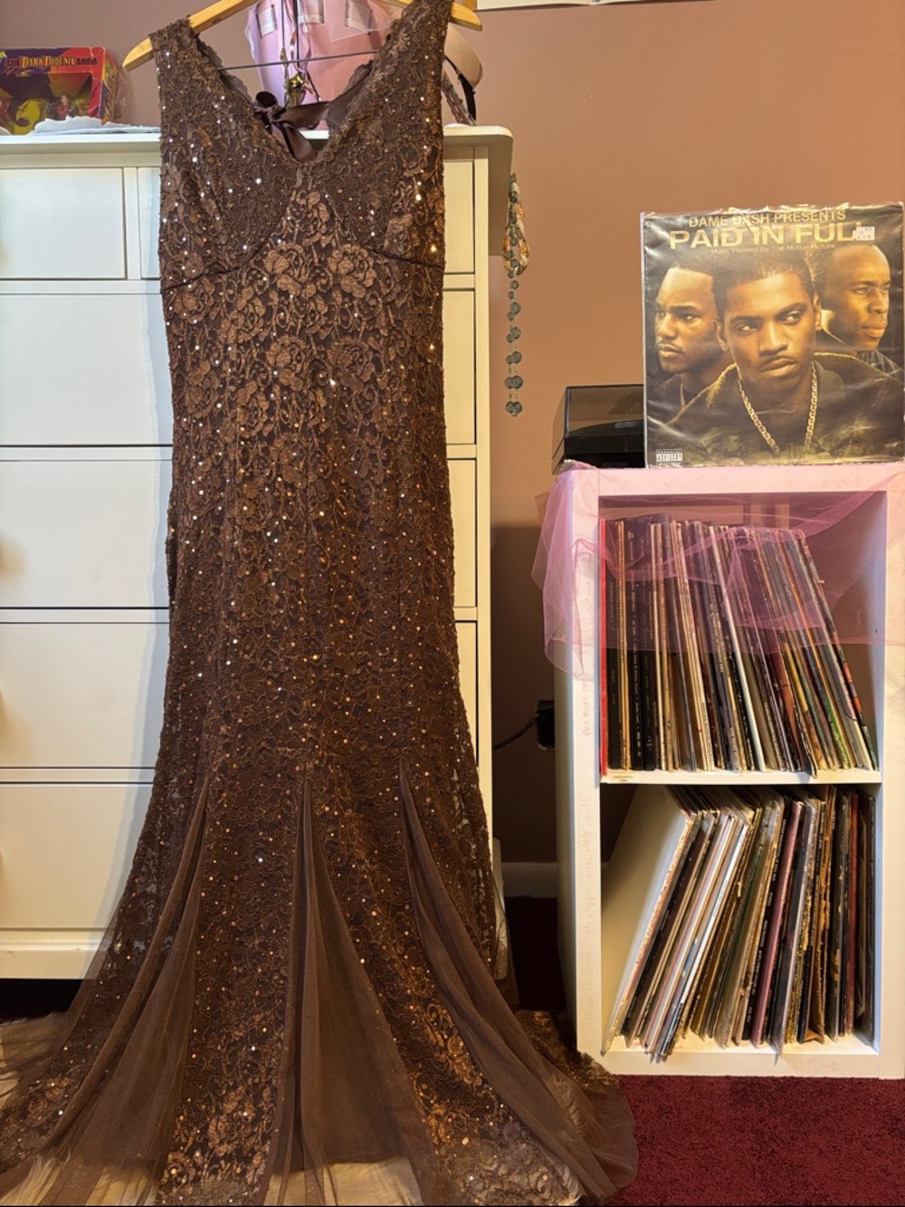 Vintage Y2K Lace Fairy Maxi Gown Party Gala Sparkle Trumpet Mermaid Large Brown